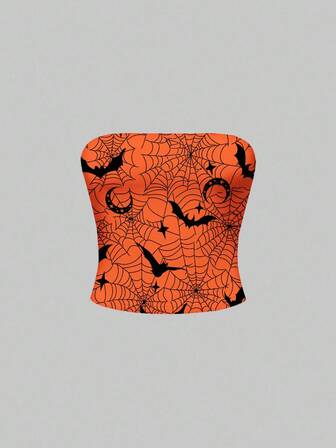 Top court sexy pour femmes avec imprimé toile d'araignée et chauve-souris orange foncé et noir, style gothique pour Halloween