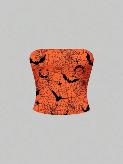 Halloween Gothic dunkelorange & schwarzes Spinnennetz & Fledermaus Muster sexy Crop Top für Frauen