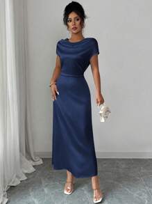 Rafferiza Women's Elegant Date/Commute Turtleneck Tie-Up Satin Short Sleeve Dress - Blue - View 5