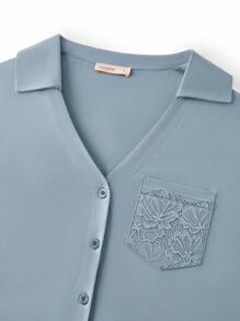 LUVLETTE 秋冬季柔软舒适100%纯棉迷雾森林风蓝色蕾丝优雅饰边纽扣上衣和裤子家居服女士透气睡衣套装裤子带口袋浪漫居家舒适秋季睡衣 - 薄荷藍 - 查看 9