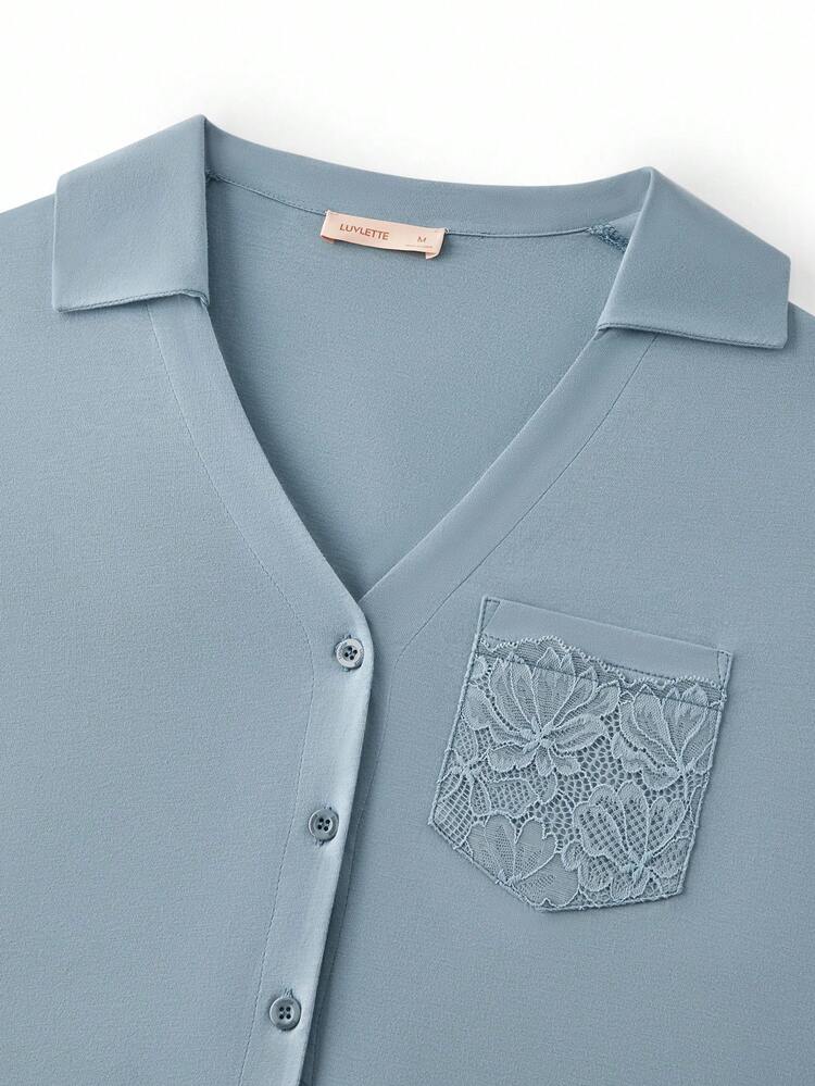 秋冬 ソフト 100%コットン ミスティーフォレスト調 ブルーレース エレガントトリム ボタンアップ トップ&パンツ ルームウェア レディース エアリー パジャマセット ポケット付きパンツ ロマンチック ホームウェア くつろぎ コットンパジャマ