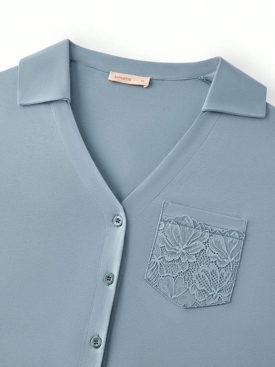 Soft Blue Cotton Lace Trim Button-Up & Pants Loungewear Pajama Sets