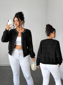 Elenzga Colección Kooky Elegance (Vibes de Woe Is Me)(Estética del miércoles) Elegante suéter de cárdigan vintage de manga larga y corto con cuentas para mujeres de talla grande, casual y de negocios, para otoño/invierno