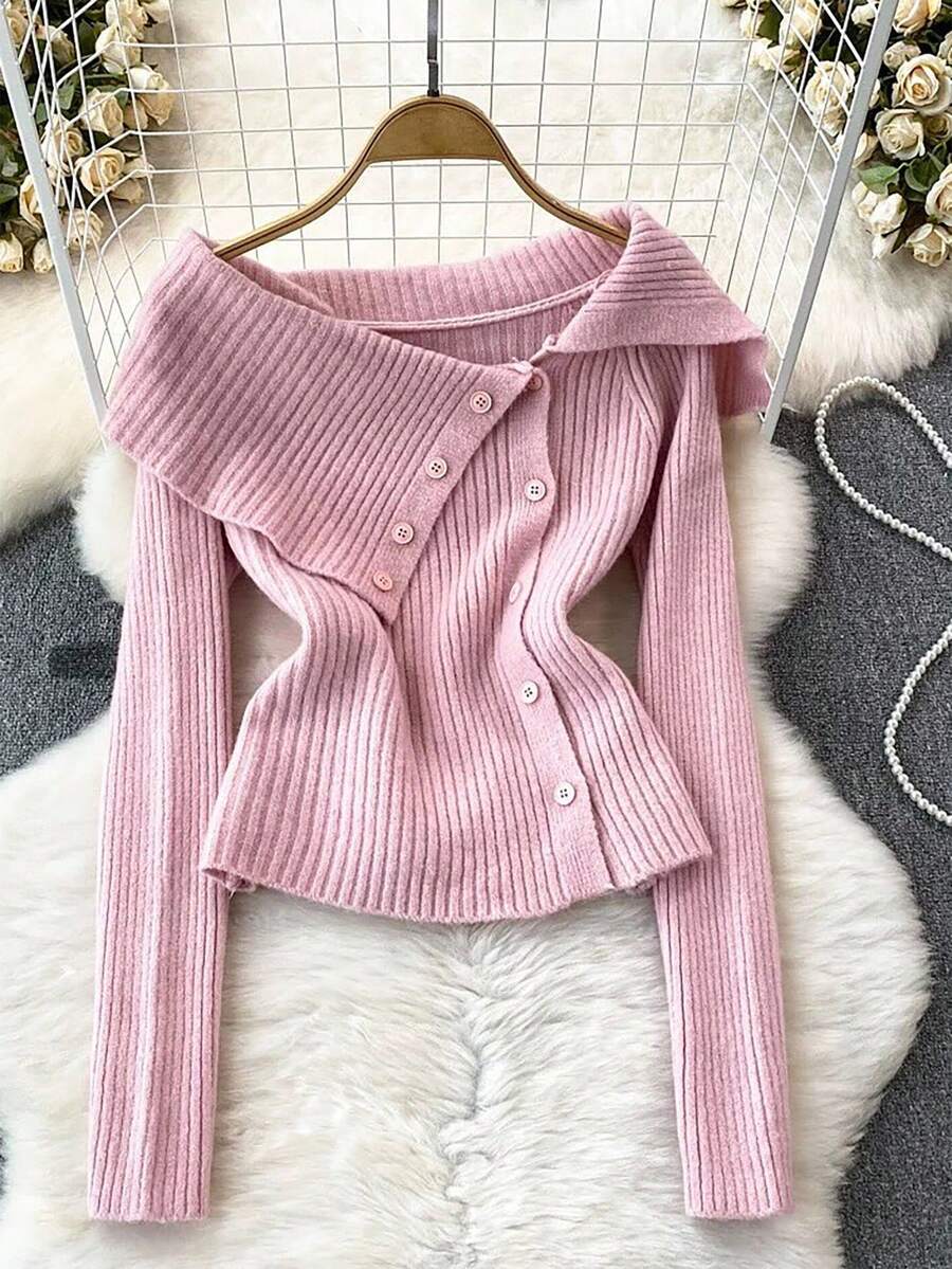 Franclia Women's Solid Color Minimalist Long Sleeve Sweater, Everyday Wear Fall Winter Cloth For Women - Pink - View 1