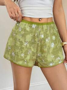 SHEIN PETITE Pantaloni scurți din șifon brodat cu paiete verzi pentru femei, potriviți pentru vară, mici, casual și slăbire - Verde - Vizualizare 8