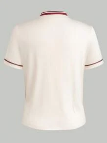 GlowEve CURVE Áo thun dệt kim tay ngắn màu sắc đơn giản cỡ lớn, cổ tay áo in họa tiết màu tương phản + cổ áo polo dành cho nữ - Màu be - Xem 2