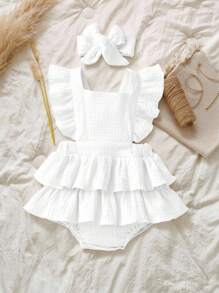 SHEIN Vintaside Kids Baby Girl Summer Square Collar Cap Sleeve Tiered Ruffle Hem White Cute Overall Dress - White - View 3