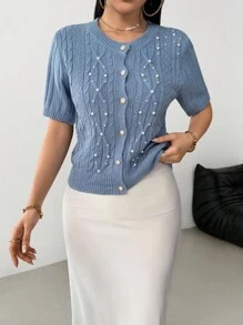 Modelyn Cardigan tricotat cu un singur rând de nasturi și mâneci scurte, cu mărgele și frânghie răsucite pentru femei - Dusty Blue - Vizualizare 2