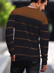 Manfinity Mode Men's Striped Crew Neck Long Sleeve Casual Sweater, Autumn/Winter, Men Striped Sweater, Men Knit Top, Men Long Sleeve Top, Men Brown And Black Striped Sweater, Men Striped Top - Multicolor - View 2