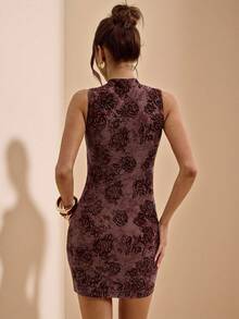 SHEIN BAE Vestido mini ajustado de manga corta con textura sólida marrón y flores 3D en relieve, vestido elegante de tubo, vestido de cóctel para fiesta, vestido con flores 3D