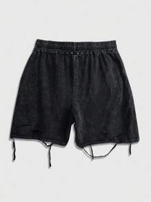ROMWE MEN Street Life Men's Distressed Drawstring Waist Pocket Loose Shorts - Black - View 2