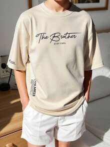 SHEIN Tween Boys Khaki Letter Print Short Sleeve T-Shirt,Minimalist Silhouette Soft Fabric Comfortable Fashion Beige Summer Casual School Outdoor Activities - Khaki - View 1