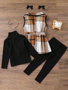 Emery Rose Kids Emery Rose Kids 3pcs/Set Young Girls Urban Fashion Plaid Jacket, Long Sleeve T-Shirt, Pants Set, Suitable For Casual Outings, Parties, Vacations And Other Occasions, Autumn/Winter Toddler Girl Birthday Girl Mommy And Me Matching Halloween Back To School Pink Autumn Fall Sister, Halloween Girls Checkered Outfit Girl Fall Winter Clothes Girls Fall Outfit Sets Girls Plaid Set Two Piece Kids Set Plaid Kids Winter Dresses - Khaki - View 4