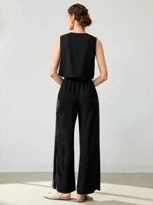 Uhlyne 女装春夏轻薄职场通勤休闲日常优雅藏青色亚麻V领无袖上衣带吊带假裹身阔腿裤两件套 - 黑色 - 查看 6