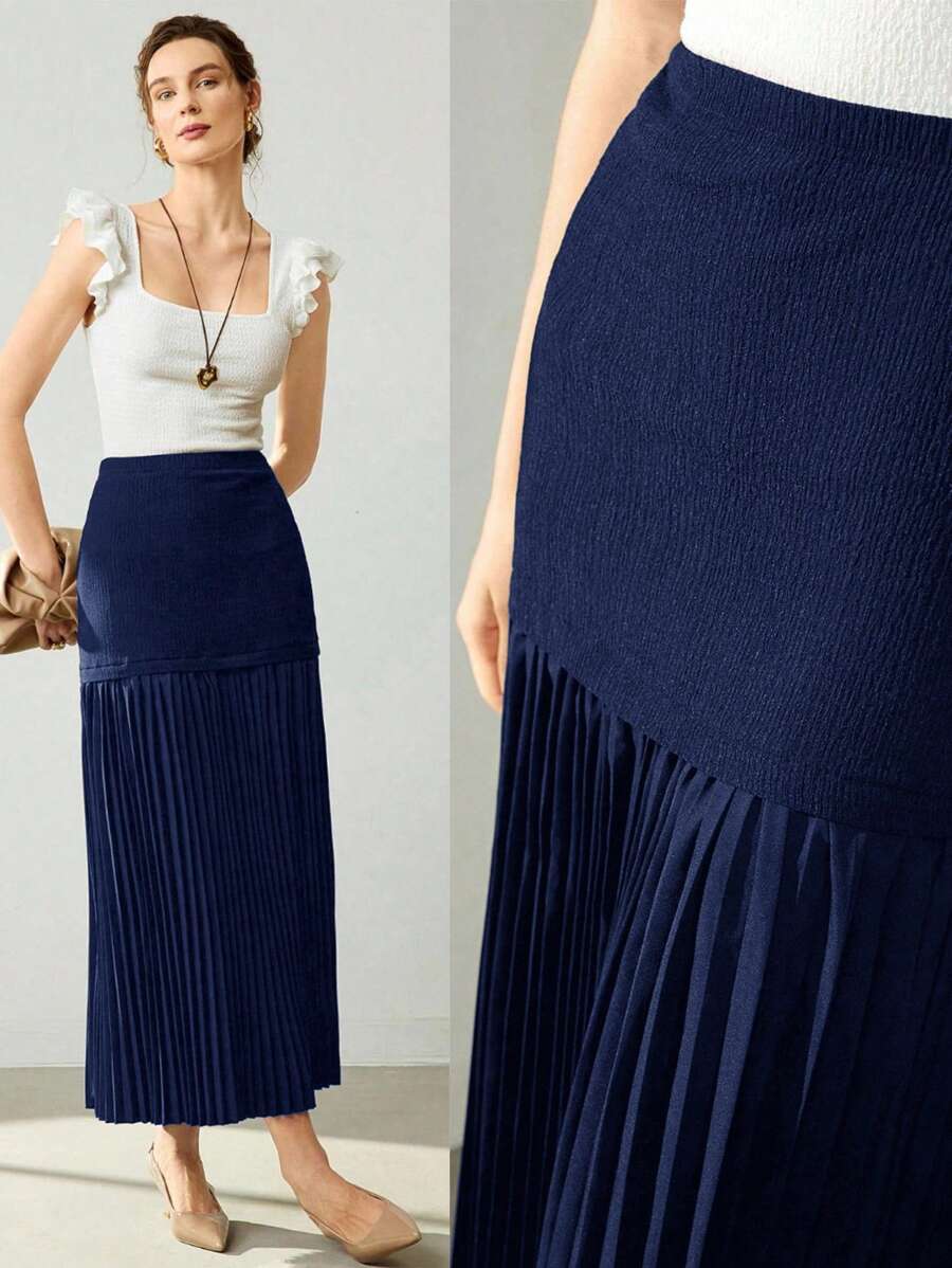 Uhlyne Women's Summer Skirt - Temperament Accordion Pleat Splicing High-End Niche Gentle Elastic Waist Elegant Age-Reducing Suitable For Commuting Leisure Black Skirt Fall Cloth For Women