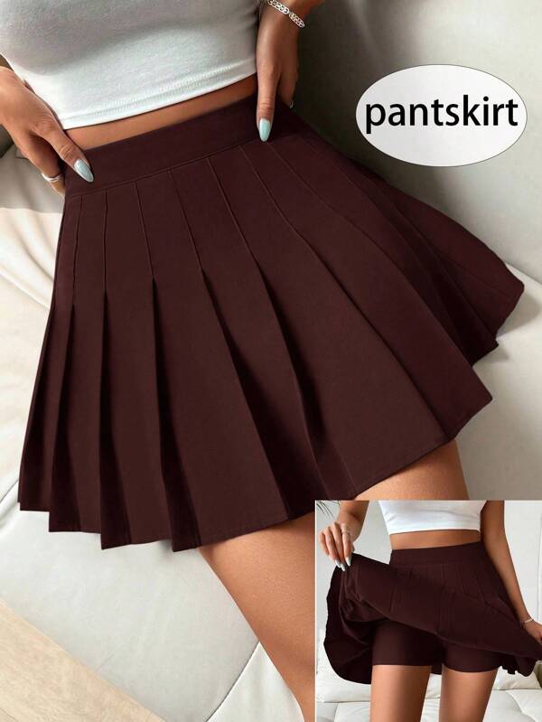 SHEIN PETITE Solid Color Pleated Elegant Casual Commute Y2K School Style Women's Pleated Skirt/Shorts, Spring/Summer