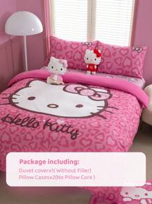 HELLO KITTY AND FRIENDS | SHEIN 小猫卡通和心形蝴蝶结印花卧室床上用品羽绒被套