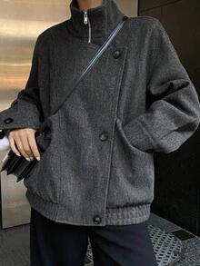 DAZY 女士立领双排扣拉链宽松休闲夹克冬季女式外套 - 深灰色 - 查看 3