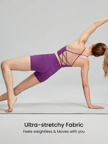 GLOWMODE FeatherFit™運動胸衣＆8英寸短褲套裝，背帶背心式胸衣，高腰側邊口袋車兜短褲，適用於低強度瑜珈日常跑步健身夏季運動 - 紫色 - 查看 6