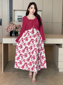 Flirla Bộ 2 món váy chữ A họa tiết cổ bèo nhún tay dài thời trang xuân/hè cho nữ cỡ lớn + cổ tròn xếp ly thắt nơ eo họa tiết hoa viền xẻ tà thanh lịch cổ điển dễ thương thường ngày cho kỳ nghỉ - Màu Đỏ Sâu - Xem 4