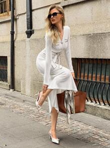 Elyressa French Casual Color Block Lace-Up Women's Dress Fall Cloth For Women - White - View 4