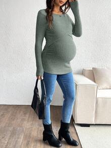 SHEIN Maternity Solid Color Round Neck Long Sleeve Ribbed Nursing Top Pregnancy Top - Green - View 3