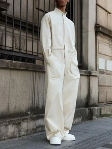 Manfinity EMRG 男士休闲连体裤，带口袋，腰部抽绳，前拉链连体裤，秋季 - 米色 - 查看 4