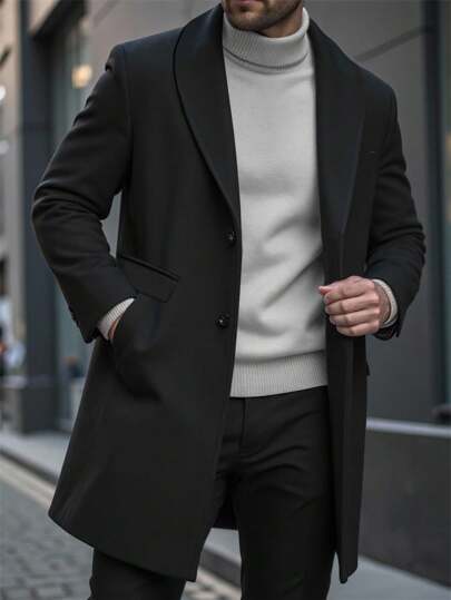 Manfinity CasualCool Klassischer Regular Fit Kniemantel in einfachem Schwarz für Herren formalen Stil, Herren schwarzer Mantel, Herren eleganter schwarzer Mantel, Wintermantel für Herren, Outfit schwarzer Mantel für Herren, langer Herrenmantel, Herren Mantelanzug, eleganter Herr, Business Lässig Herren Jacken Winter Schwarz, Herbst