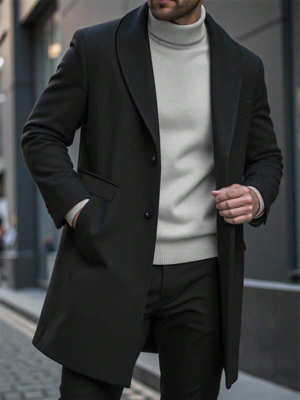 Manfinity CasualCool Classic Regular Fit Knee Length Overcoat In Plain Black For Men's Formal Style Men Black Coat Men Elegant Black Coat Winter Coat Men Outfit Black Overcoat Outfit Men, Long Men Coat, Men Coat Suit, Man Elegant, Business Casual Men Jackets Winter Black , Fall