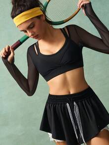 VARSIVA 女式纯色二合一长袖 T 恤，休闲运动两件套运动裙套装网眼健身上衣镂空短款运动衫健身套装 - 黑色 - 查看 8