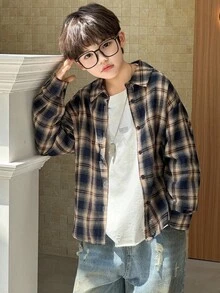 Dazy Kids 秋季大码男童宽松休闲格子衬衫