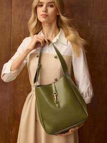 MOTF PREMIUM BUCKLE PU LEATHER SHOULDER BAG, WORK COMMUTER BAG - Olive Green - View 8