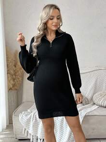 SHEIN Maternity Solid Color Long Sleeve Zip-Up Half Placket Fitted Knit Dress - Black - View 5