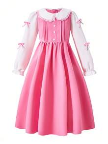 Girls Ruffle Collar 2 In 1 Pleated Bow Long Dress, Back To School Spring/Autumn Dress - Pink - View 6