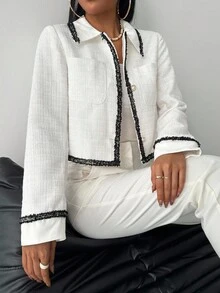 Modelyn 女士优雅粗花呢荷叶边休闲通勤夹克，常规版型，春秋季 - 杏色 - 查看 6