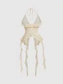 SHEIN X ELOISA & ORSON SHEIN MOD 夏季浪漫白色荷叶边丝带和 3D 花朵系带上衣夏季女式上衣演唱会女装性感服装