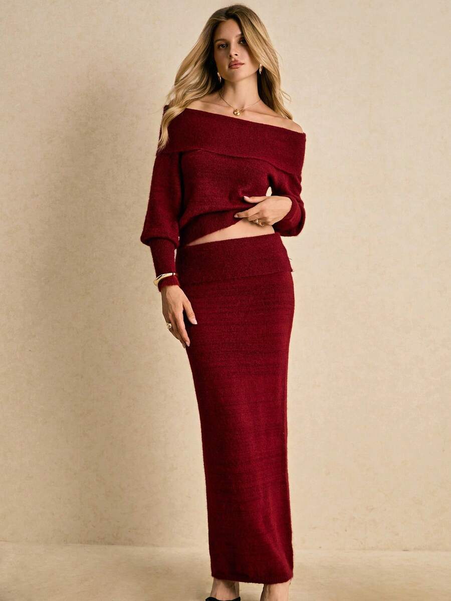 Poéselle 优雅红色针织露肩两件套 - 紅色 - 查看 1