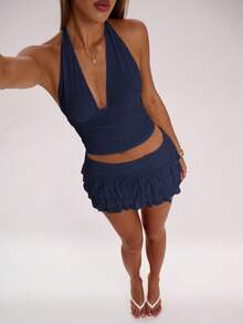 SHEIN BAE Women's Solid Color Ruffle Hem Short Skirt, Fashion Summer