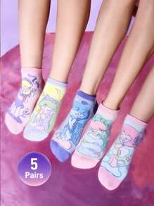 Pop Mart Azura X SHEIN 5 Pairs Cartoon Pattern Fashionable Cute Macaron Color Fantasy Soft And Breathable Moisture-Wicking Women Elastic Ankle Socks, Reinforced Toe And Heel, Suitable For Spring, Summer, Autumn, Winter, Pink & Purple