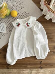 LMoss Kids 年轻女孩纯色刺绣领休闲衬衫 - 白色 - 查看 6
