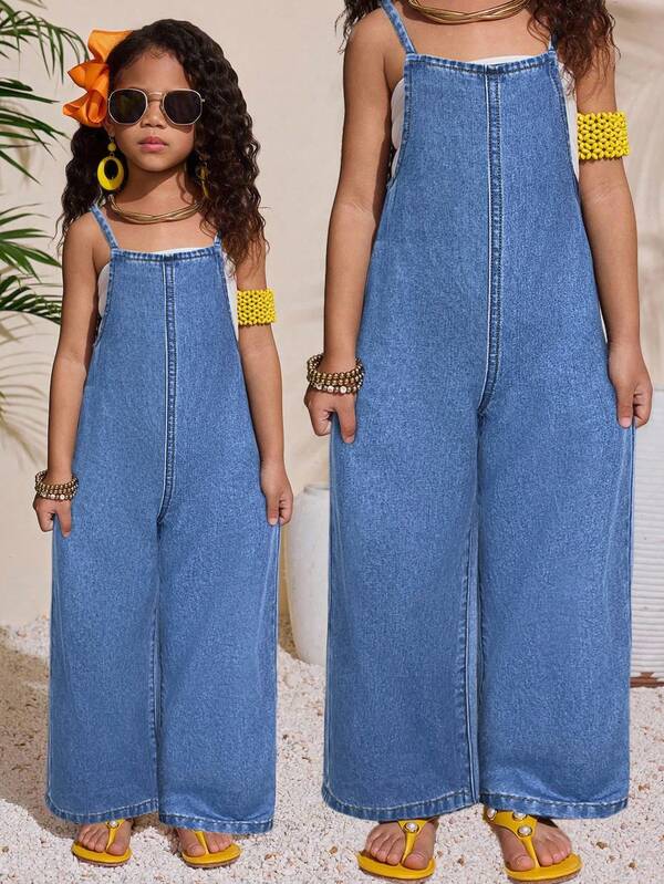 SHEIN Young Girl Dark Blue Denim Halter Jumpsuit, Kid Girls Spring And Summer Casual Vacation Country Boho Wear, Beach Outfits For Kid Girls, Western Street Wear For Girl, Spring Break Outfits, Rave Outfits Festival Denim Jumpsuit, Young Girl Vacay Outfits, Jean Jumpsuit