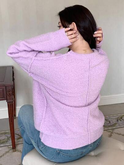 Dazy Plus Plus Size Women Solid Color Thick Crew Neck Loose Fit Elegant Pullover Sweater, Purple Fall