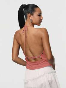 TypaGal Summer Sexy Sweatshirt Material Eyelet Front Button Backless Halter Top