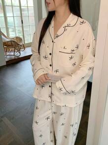 Dazy Plus 2pcs Floral Bow Print Loose Fit Pajama Set, Plus Size Women Autumn Sleepwear, Fall Winter Clothes, Cozy Outfits