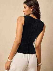 Easelle 休闲复古索环罗纹黑色无袖女式T恤 - 黑色 - 查看 2