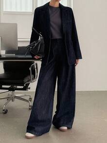 DAZY 女式牛仔外套，有领，直筒裤，休闲牛仔套装 - 深色水洗藍 - 查看 5