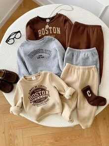 Bộ 6 bộ đồ thể thao thường ngày cho bé trai/bé gái, áo nỉ dài tay in chữ dễ thương và quần jogger, quần áo mùa đông đa năng cho bé trai/bé gái - Nhiều màu - Xem 1