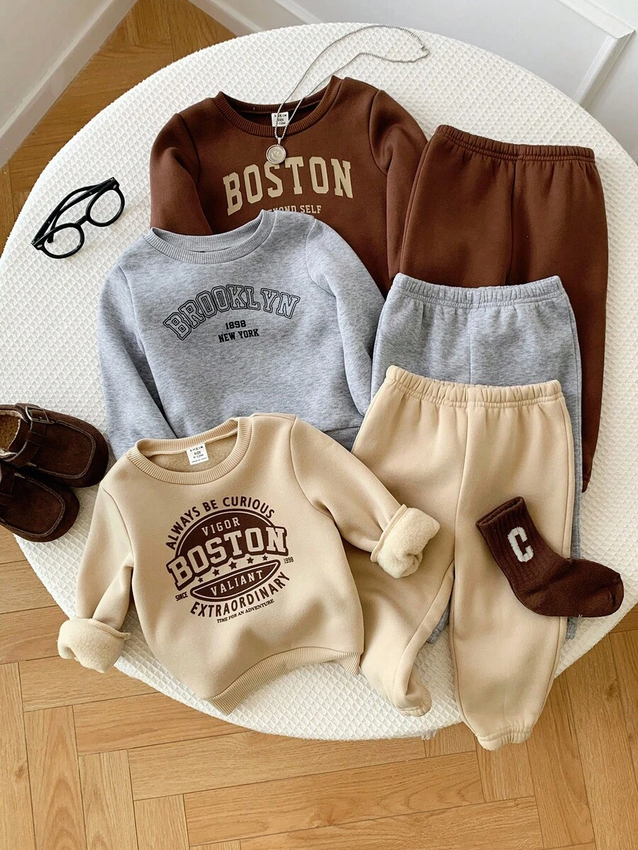 Bộ 6 bộ đồ thể thao thường ngày cho bé trai/bé gái, áo nỉ dài tay in chữ dễ thương và quần jogger, quần áo mùa đông đa năng cho bé trai/bé gái - Nhiều màu - Xem 1