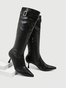 CUCCOO SZL 女士时尚性感尖头细高跟中筒靴，黑色套脚 - 黑色 - 查看 5