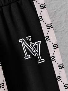 2 件幼儿男童秋冬加厚罗纹 V 领长袖上衣，几何印花，罗纹袖口和下摆，搭配松紧腰宽松印花字母图案裤套装 - 黑色 - 查看 6